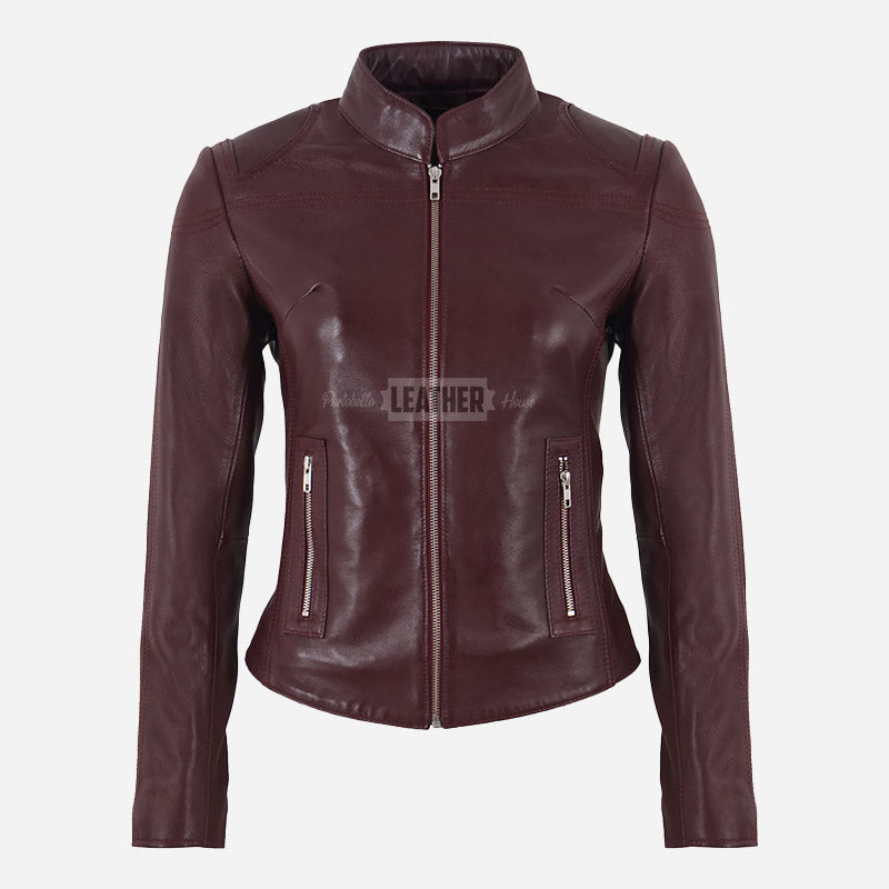 SYNA Women's Leather Racer Jacket Burgundy