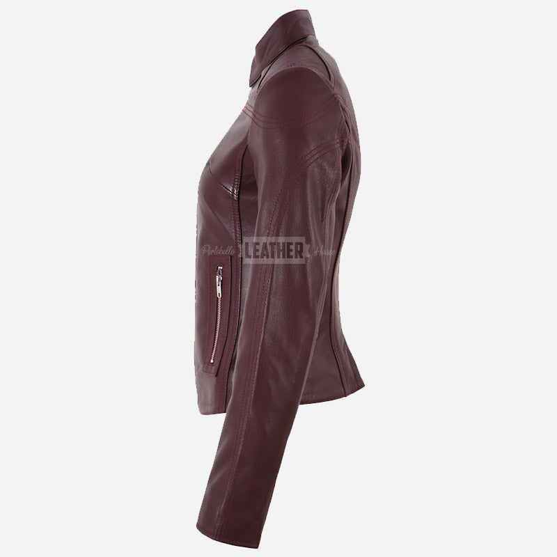 SYNA Women's Leather Racer Jacket Burgundy