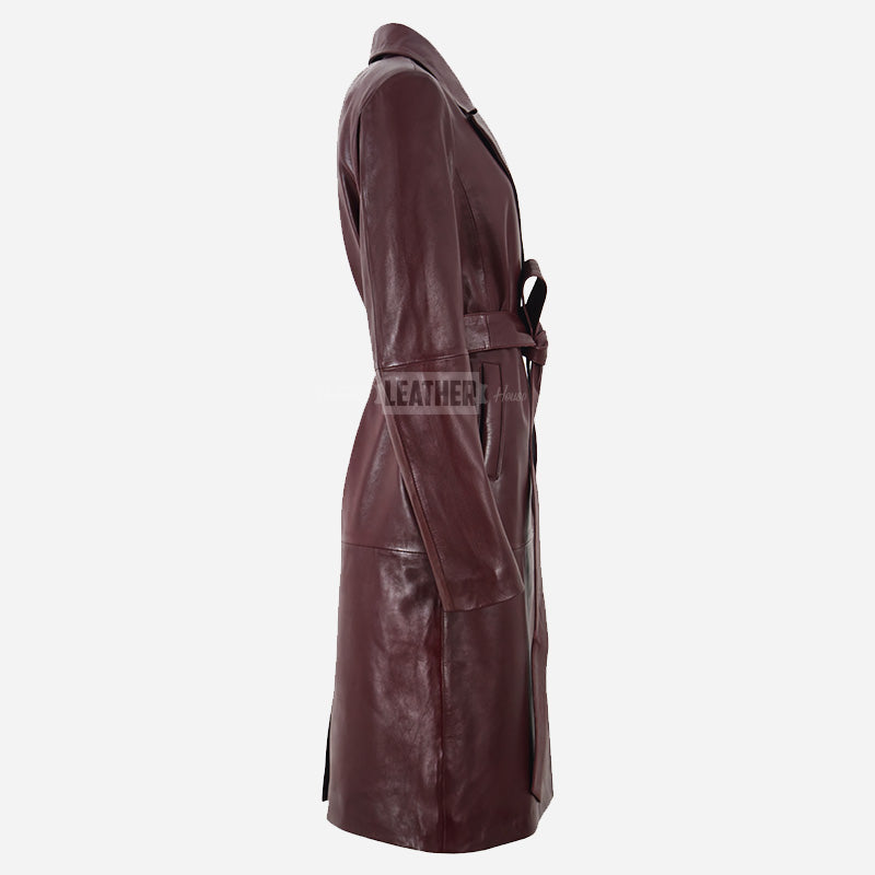 LUMORA Women’s Tie Belt Leather Coat Cherry