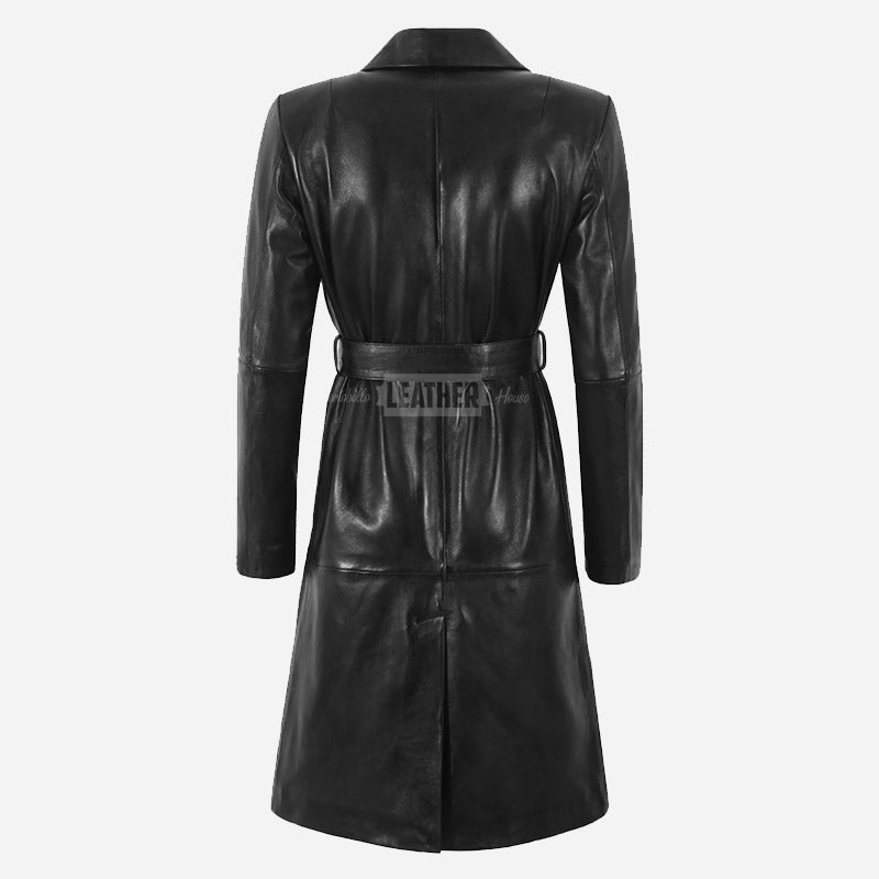 LUMORA Women’s Tie Belt Leather Coat Black