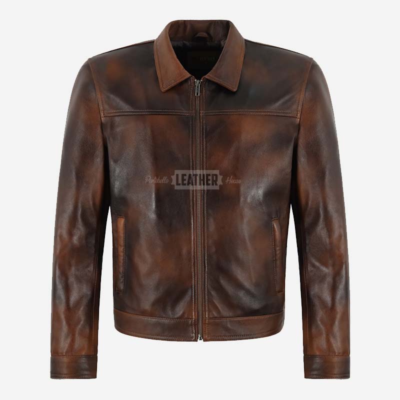 VIONEL Collared Leather Jacket Brown Waxed