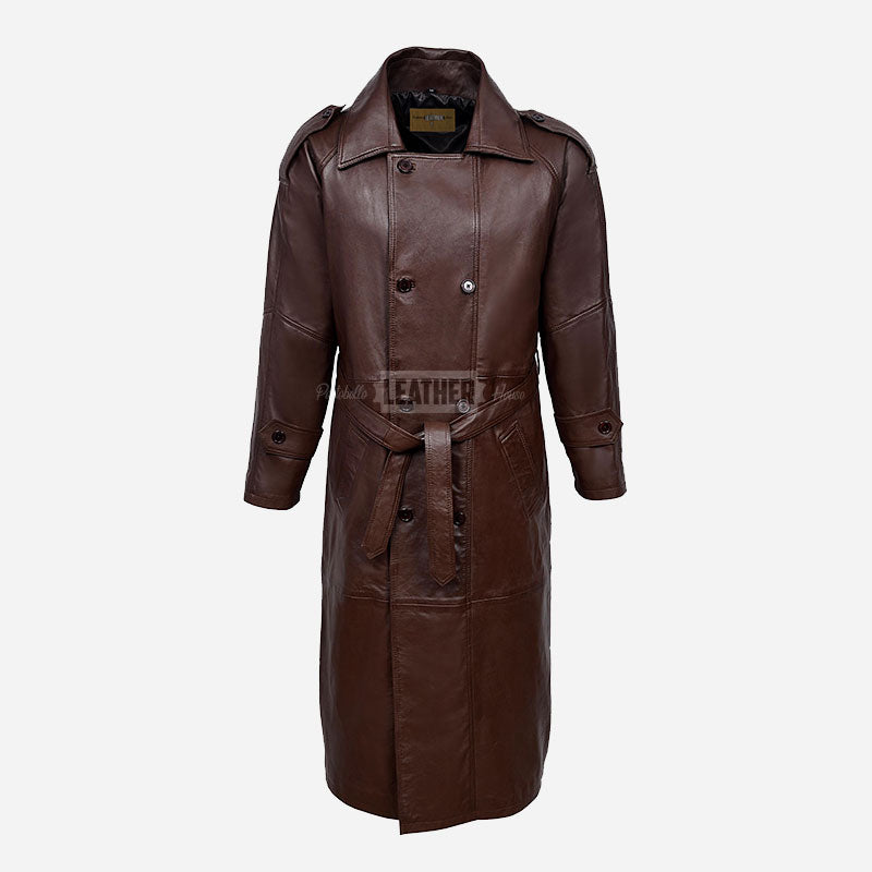 KINGSLEY Men's Brown Leather Trench Coat