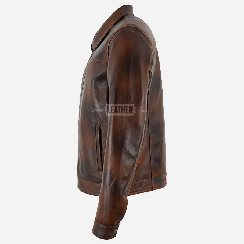 VIONEL Collared Leather Jacket Brown Waxed