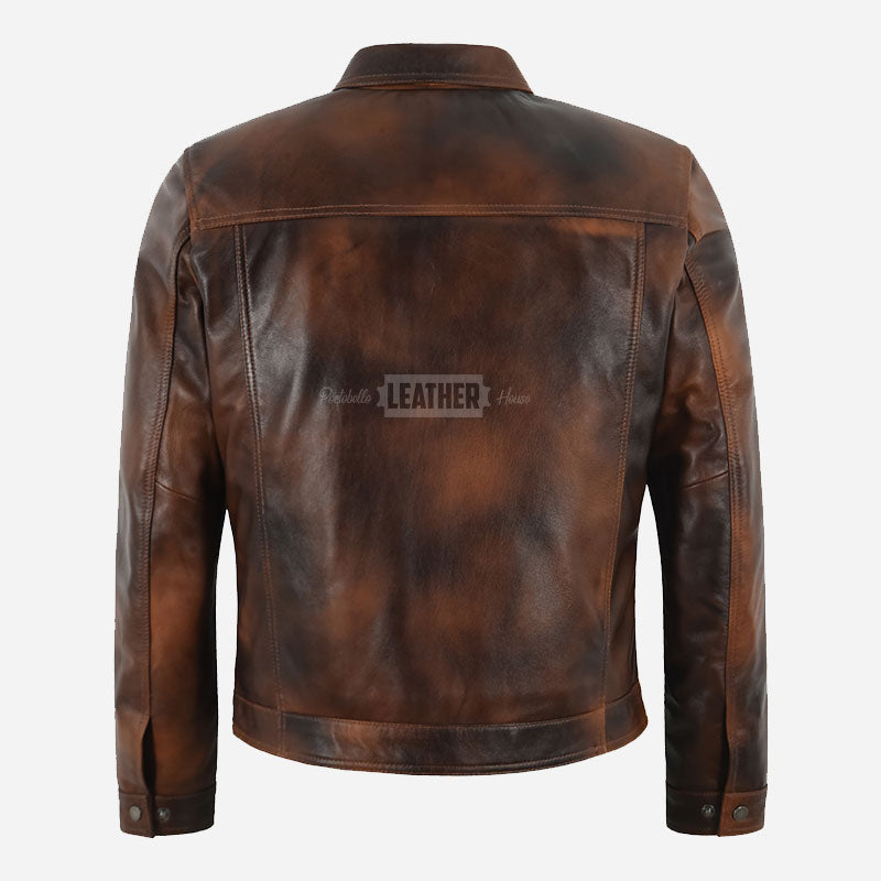 VIONEL Collared Leather Jacket Brown Waxed