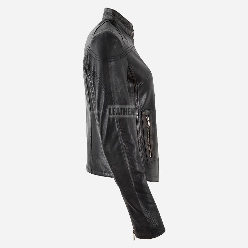 SYNA Women's Leather Racer Jacket Black Vintage
