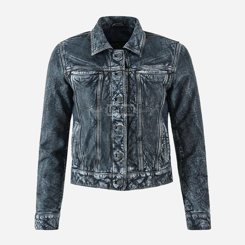NOXERA Women's Blue Leather Denim Jacket