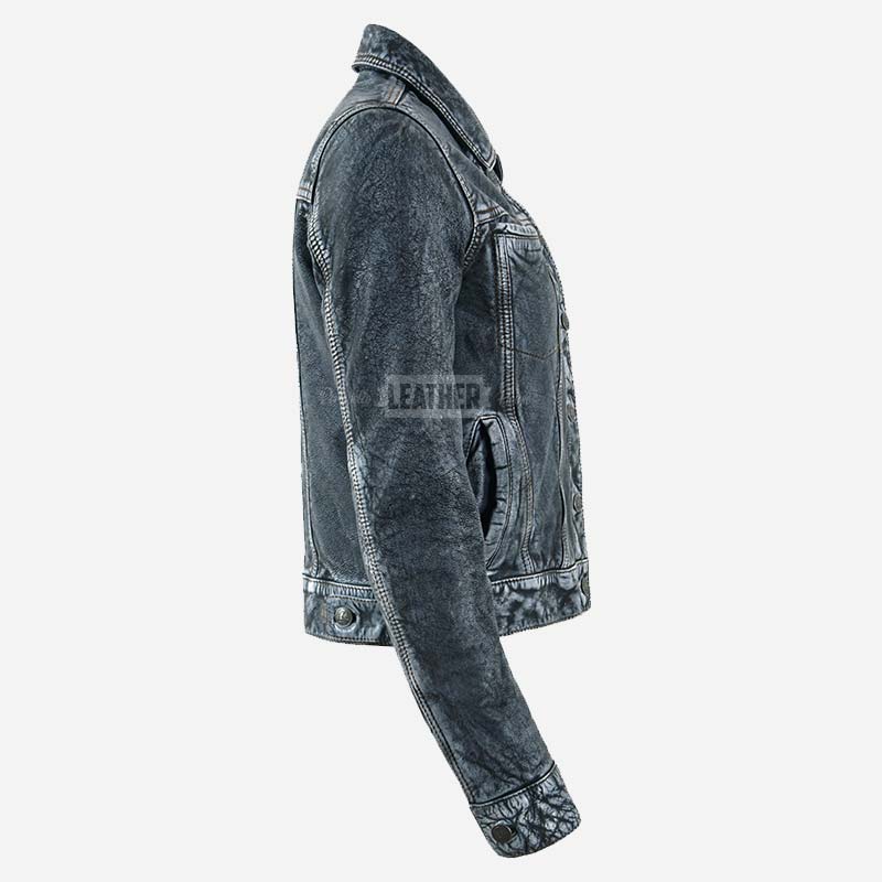 NOXERA Women's Blue Leather Denim Jacket