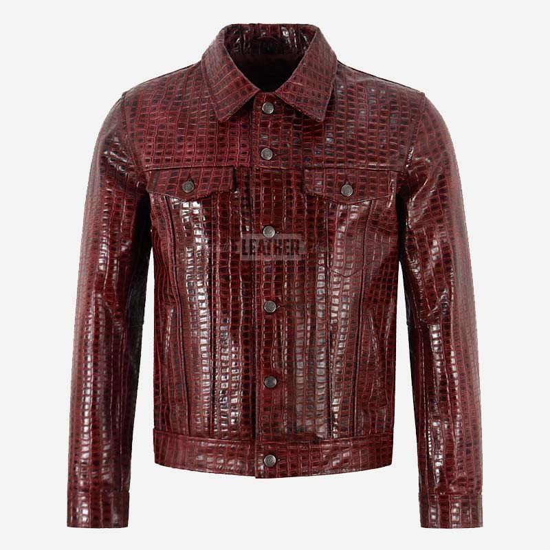 JAXLEY Men's Croc Print Leather Trucker Jacket