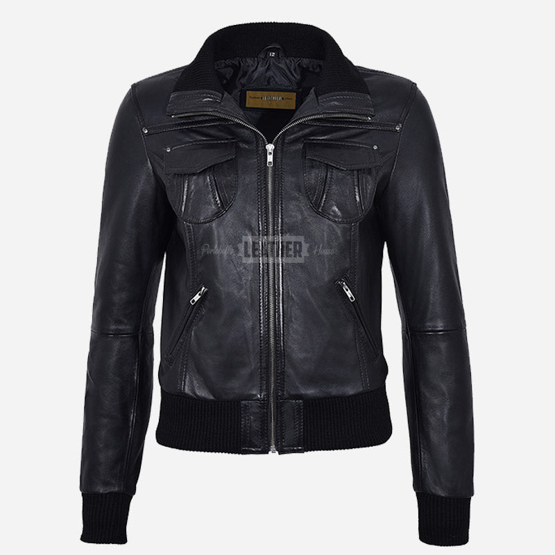 AIVIE Women's Leather Bomber Jacket