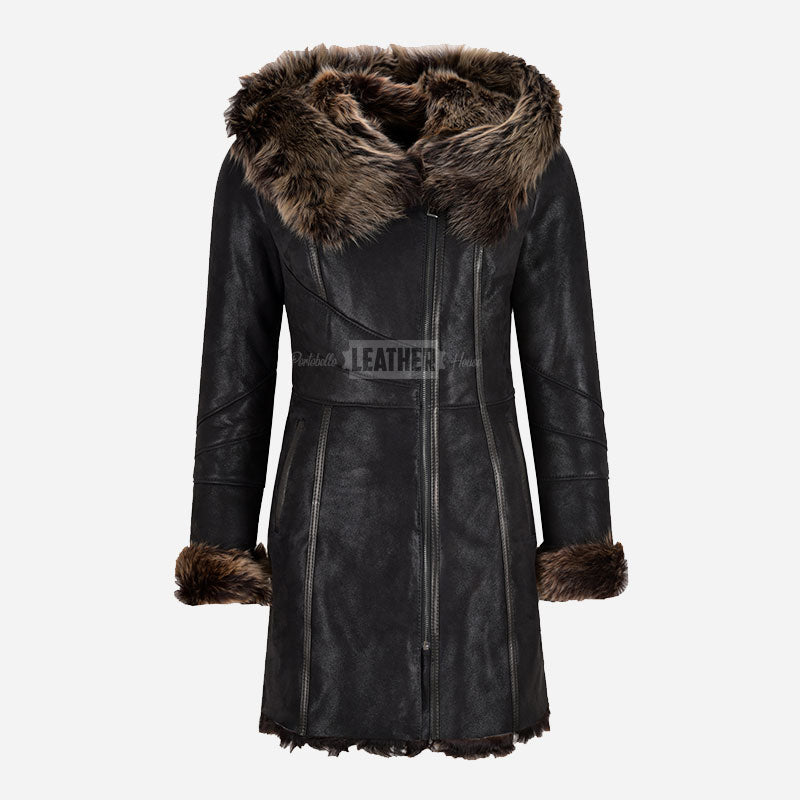 STAMFORD Toscana Shearling Mid-Length Coat Black