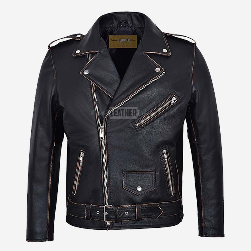 KRUZE Buffed Vintage Leather Biker Jacket