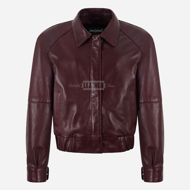 ZORVIA Collared Leather Bomber Jacket Maroon