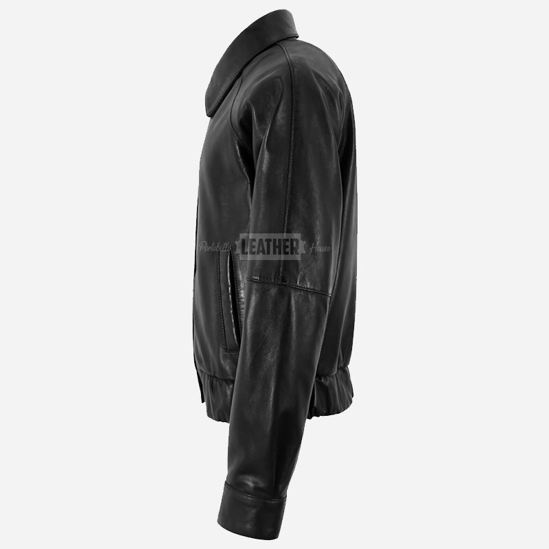 ZORVIA Collared Leather Bomber Jacket Black