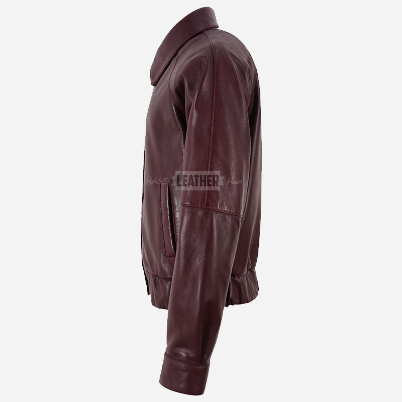 ZORVIA Collared Leather Bomber Jacket Maroon