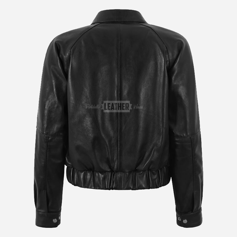 ZORVIA Collared Leather Bomber Jacket Black