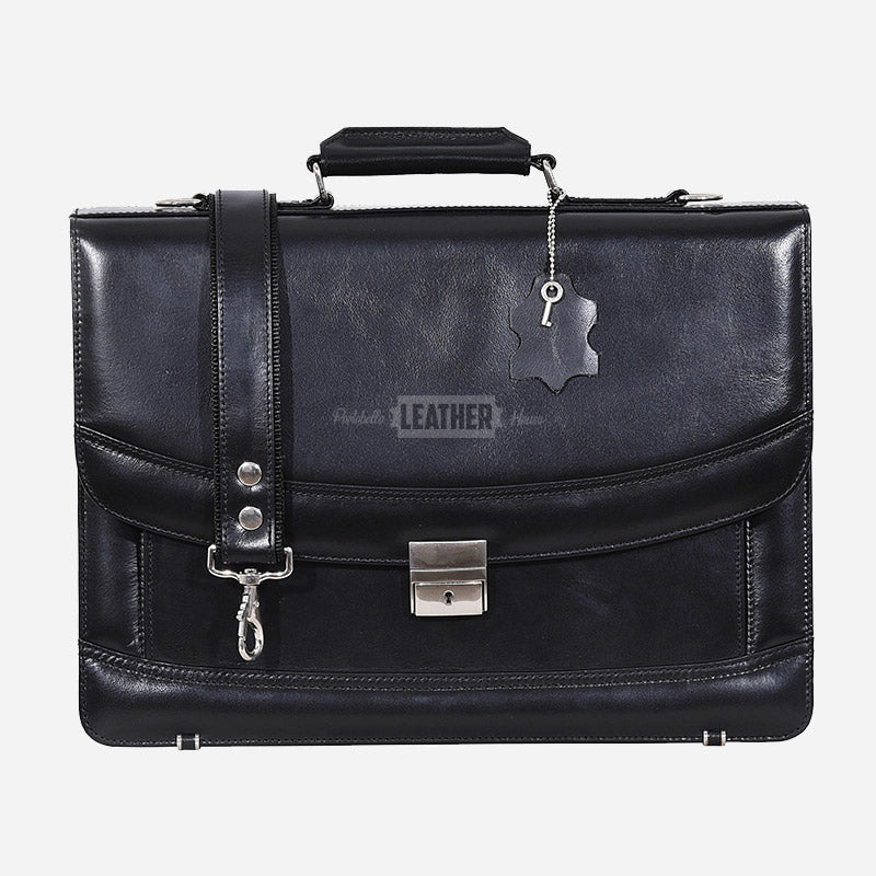 Black Leather Office Bag Messenger Laptop Briefcase