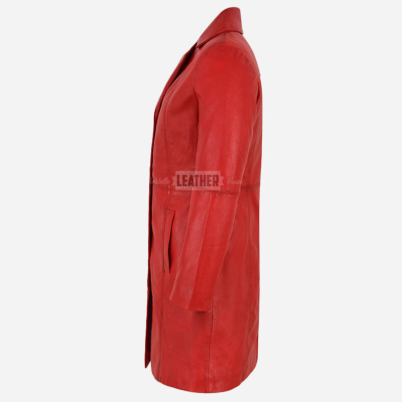 VIONNA 3/4 Length Button Down Leather Coat Red