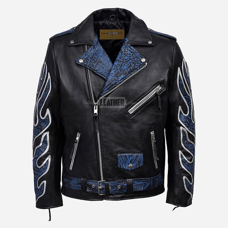 KRUZE Burning Flames Leather Biker Jacket