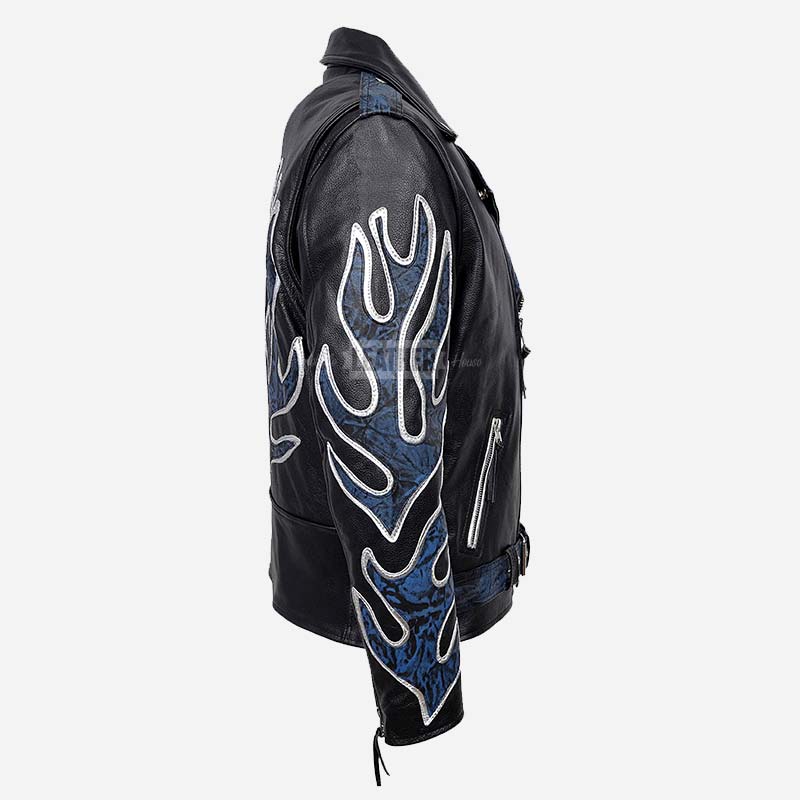 KRUZE Burning Flames Leather Biker Jacket