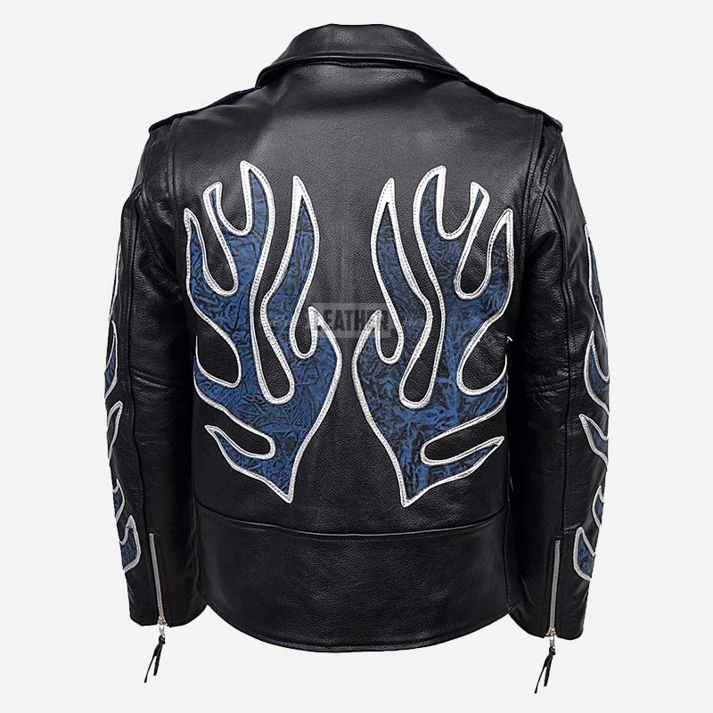 KRUZE Burning Flames Leather Biker Jacket