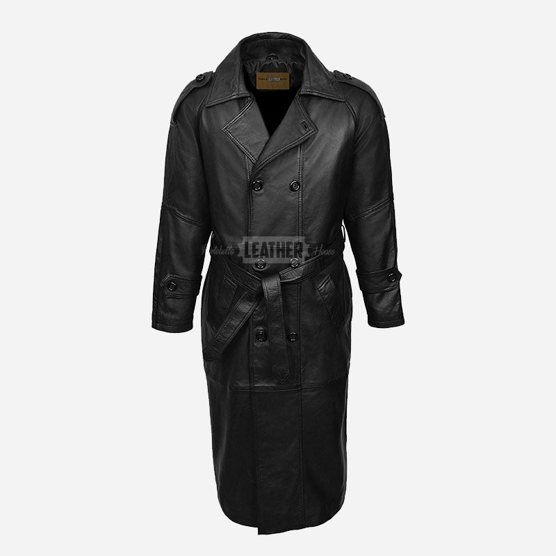 KINGSLEY Men's Black Leather Trench Coat