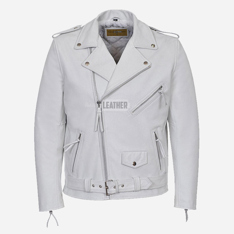 GRUZE Men’s White Leather Biker Jacket