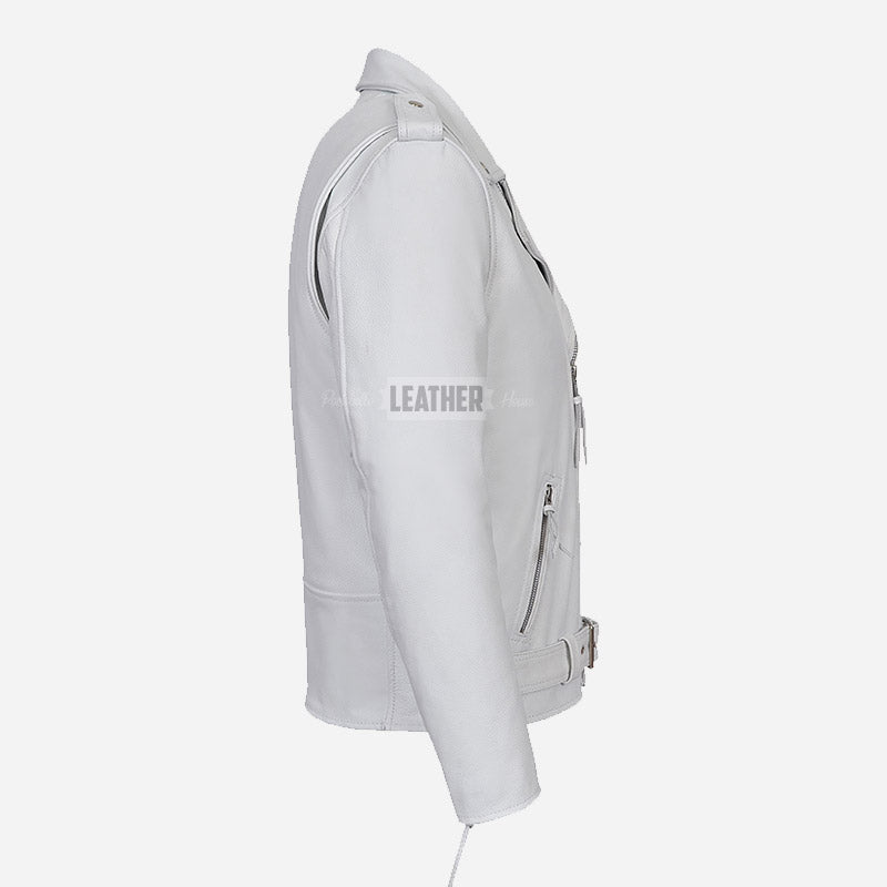 GRUZE Men’s White Leather Biker Jacket