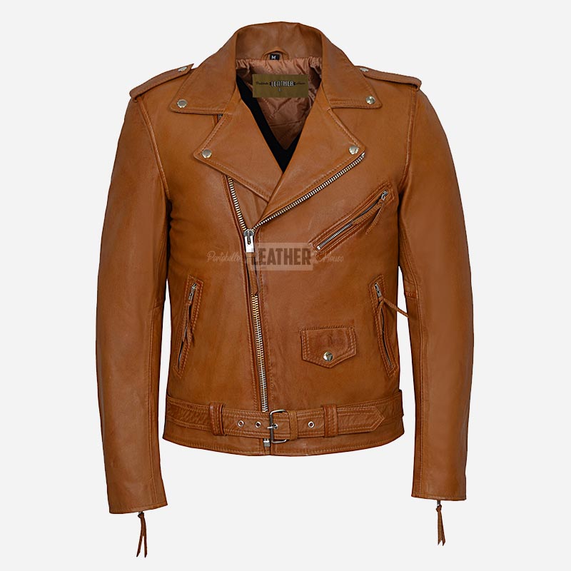 BRUZE Men’s Classic Leather Biker Jacket Tan
