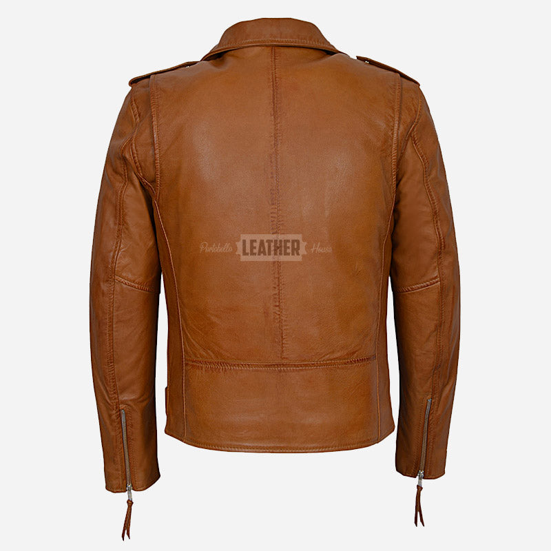 BRUZE Men’s Classic Leather Biker Jacket Tan
