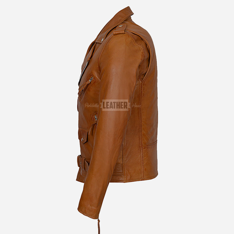 BRUZE Men’s Classic Leather Biker Jacket Tan
