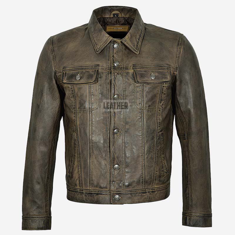 JAXLEY Men's Leather Trucker Denim Jacket