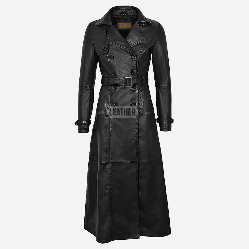 STRYDON Double-Breasted Long Flared Leather Coat