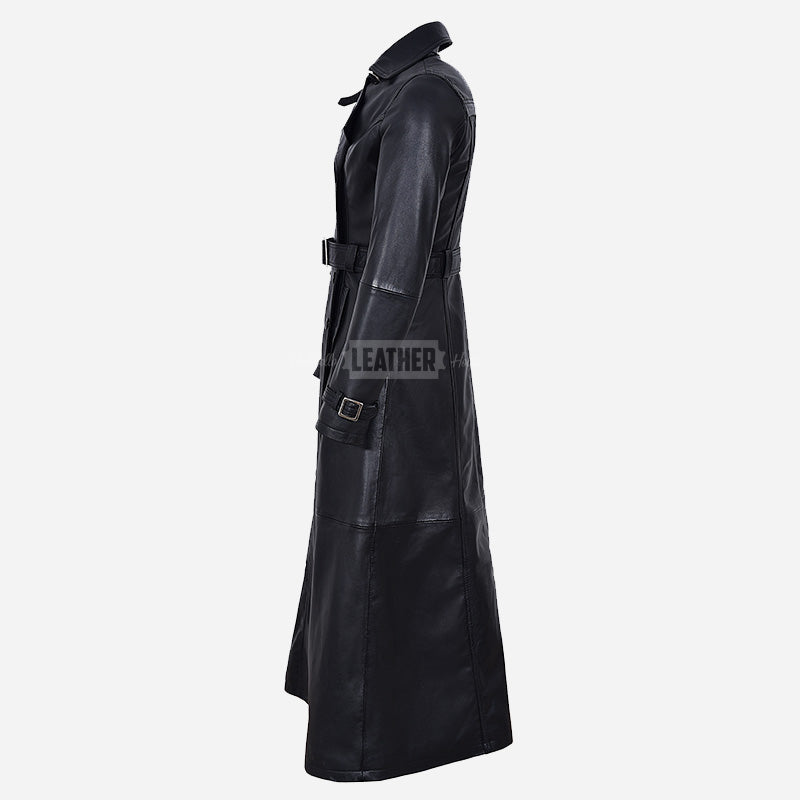 STRYDON Double-Breasted Long Flared Leather Coat