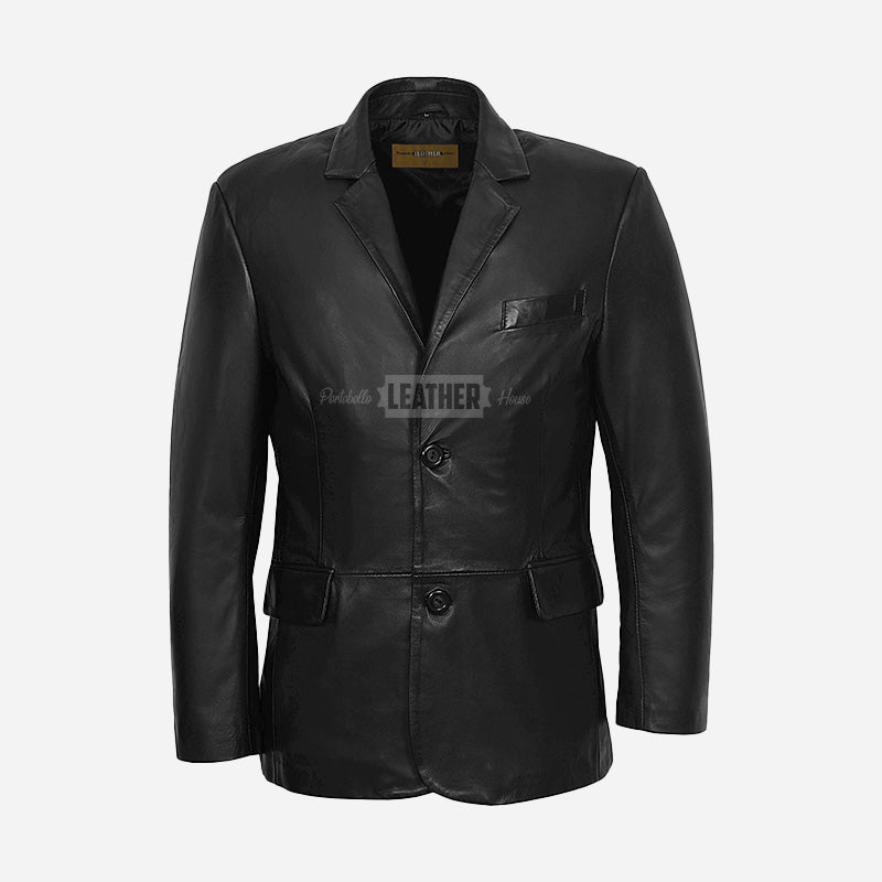 AUREX Men's Black Leather Blazer Jacket