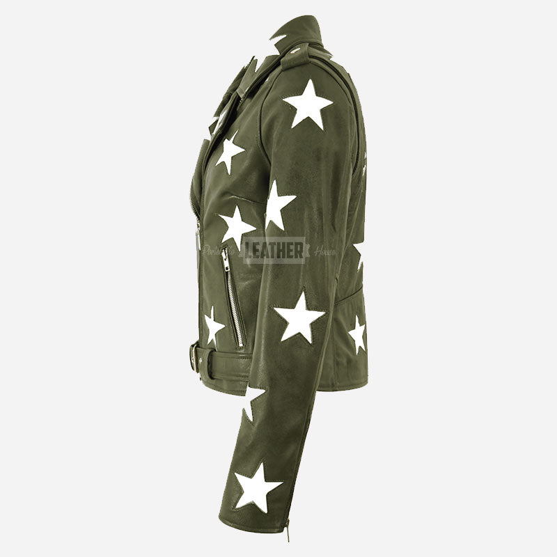 STELVIA Women's Star Appliqué Leather Biker Jacket