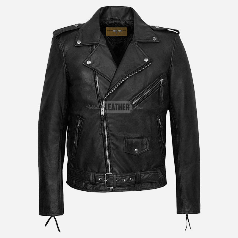 BRUZE Men’s Classic Leather Biker Jacket Black