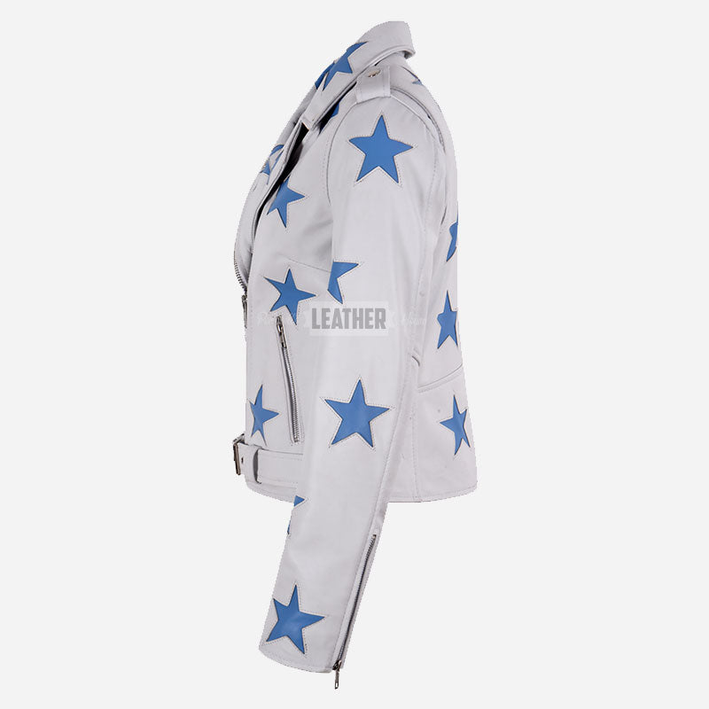 STELVIA Star Appliqué Leather Biker Jacket White