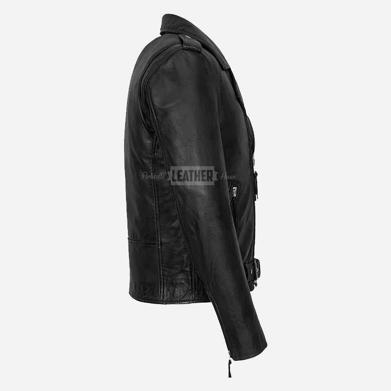 BRUZE Men’s Classic Leather Biker Jacket Black