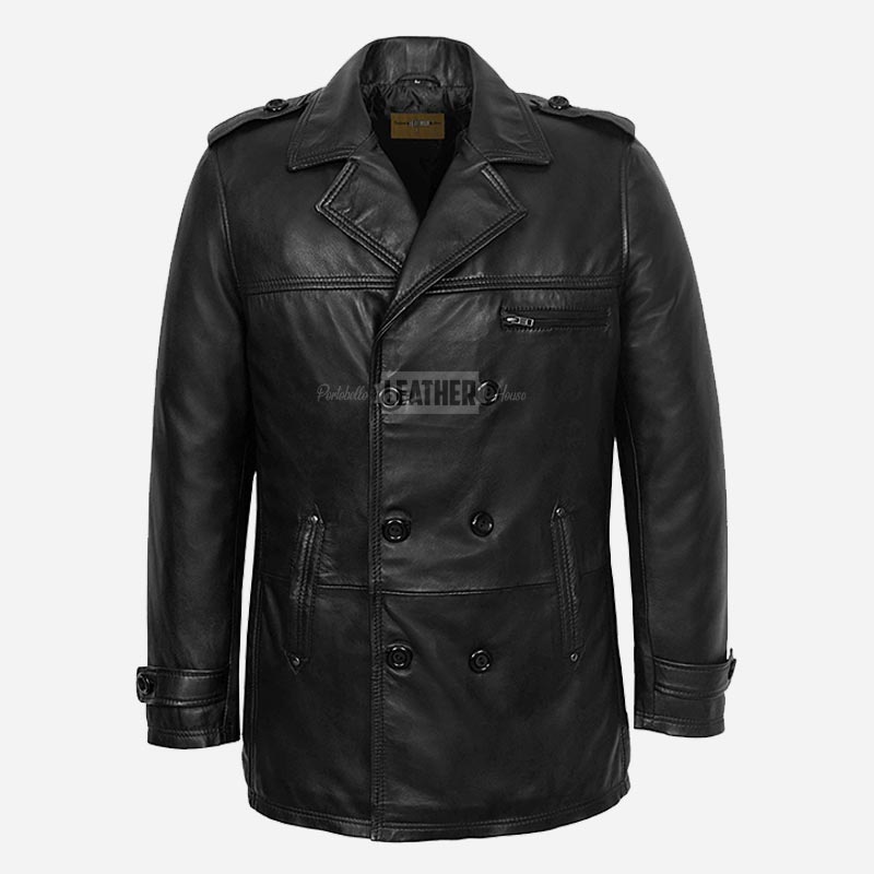 FINDURE Men's Black Leather Peacoat