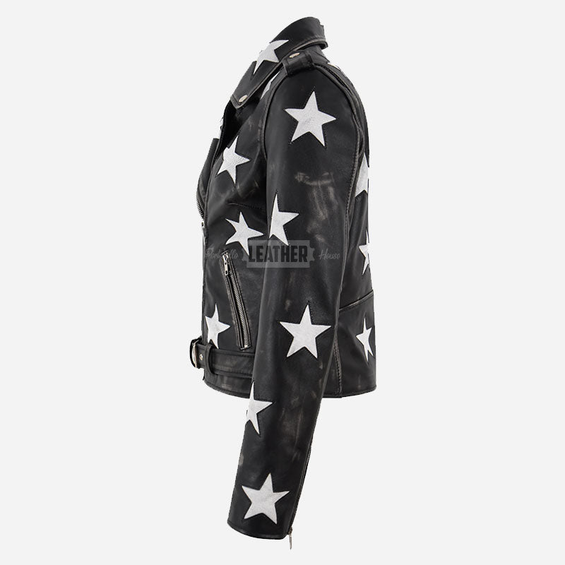 STELVIA Women's Star Appliqué Leather Biker Jacket