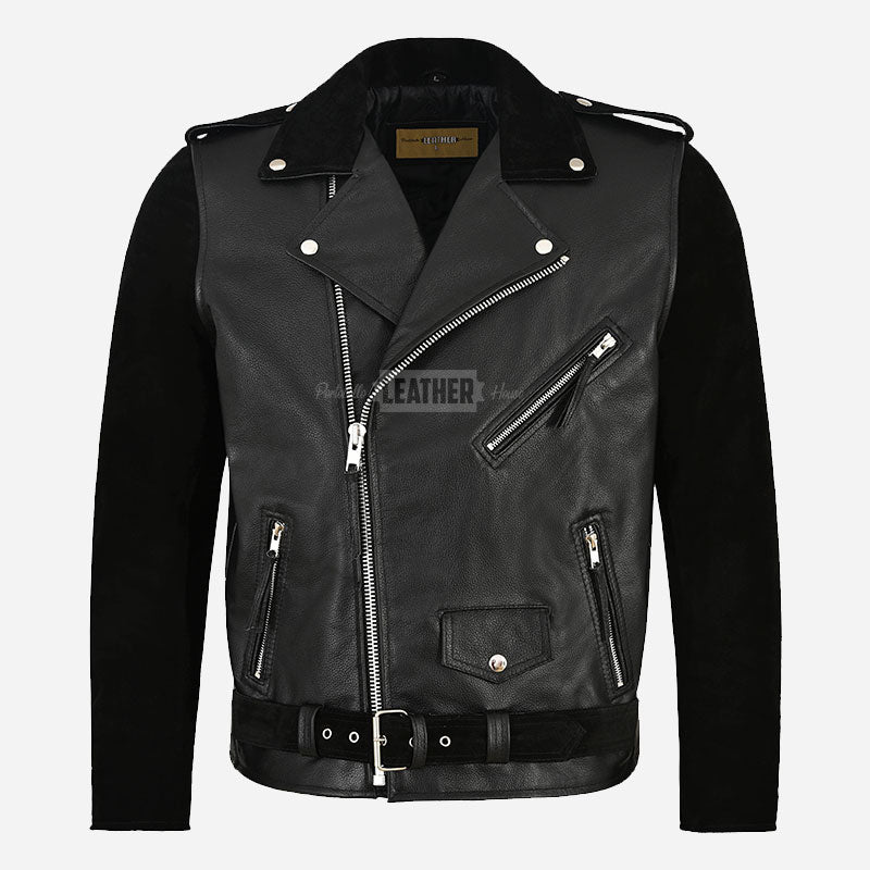 KRUZE Leather & Suede Biker Jacket Black