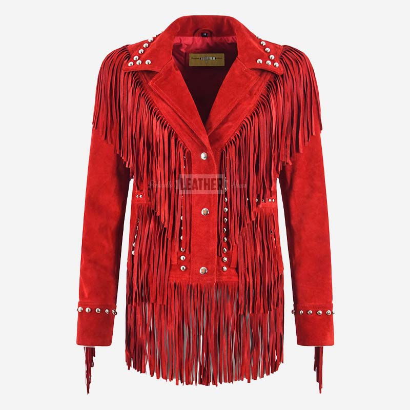 RODEO Fringed Suede Studded Jacket Red
