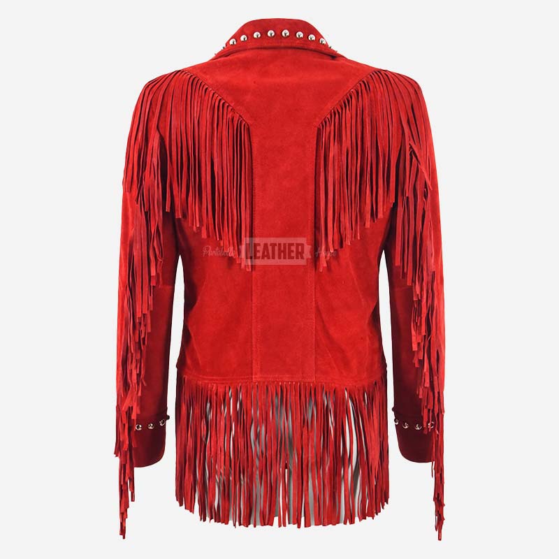 RODEO Fringed Suede Studded Jacket Red