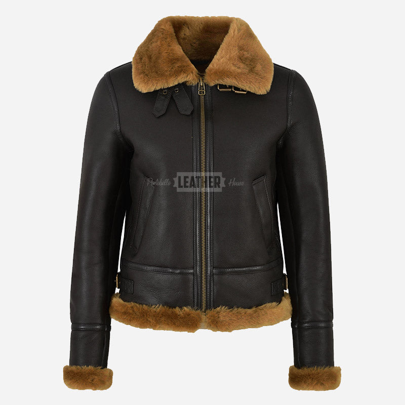 DALTIS Women's Sheepskin Bomber Jacket Brown