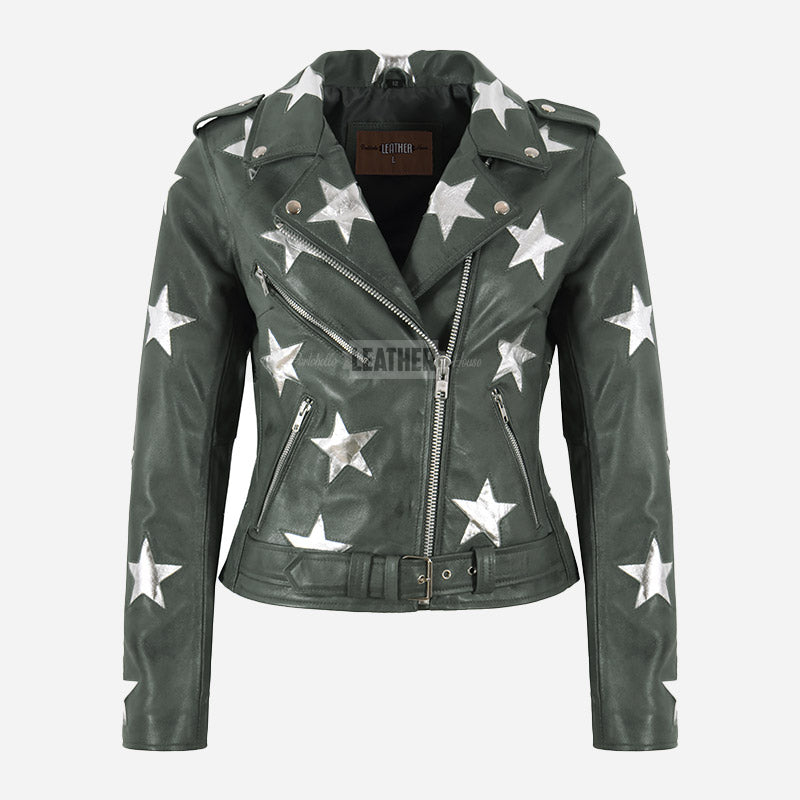 STELVIA Star Appliqué Leather Jacket Grey