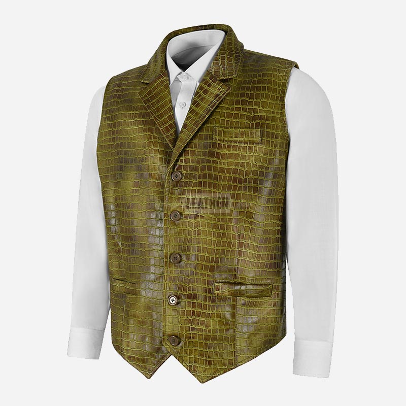 VÉRNO Men's Croc Print Leather Waistcoat