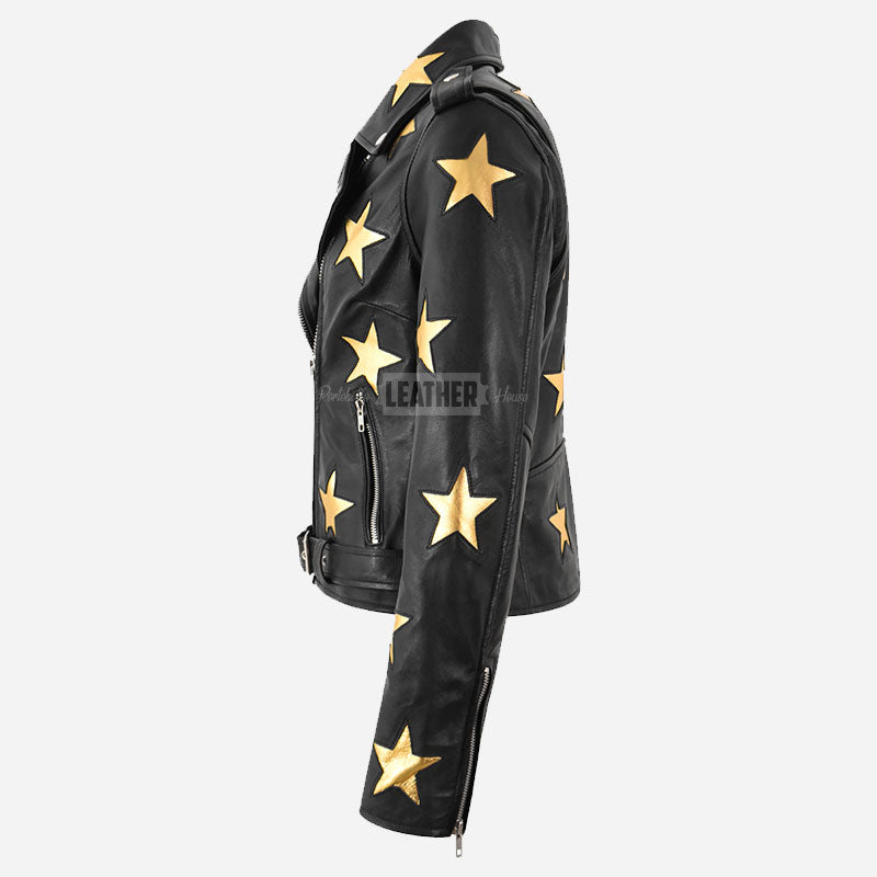 STELVIA Women's Star Appliqué Leather Biker Jacket