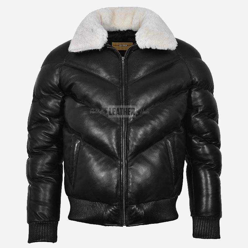 STRAVOX Men's V-Bomber Puffer Leather Jacket