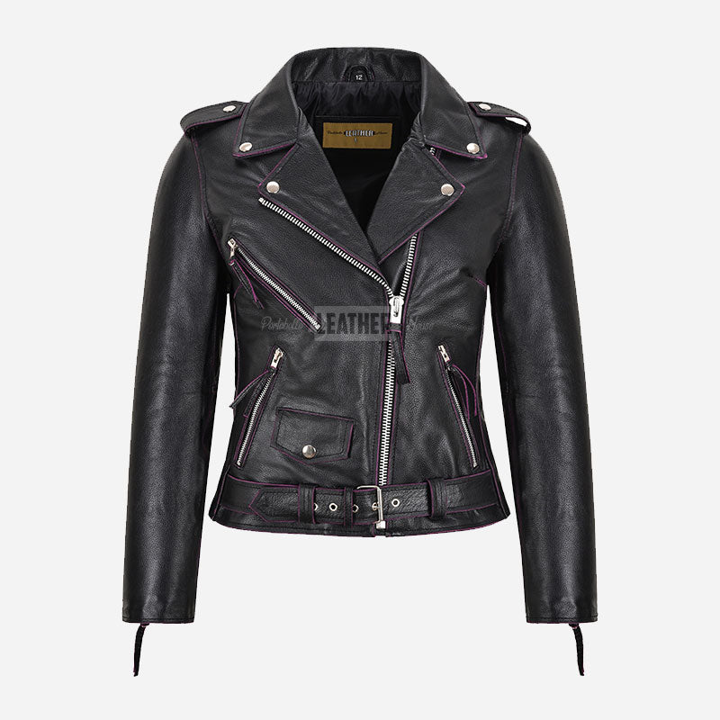 LESSEY Leather Biker Jacket Purple Buffed