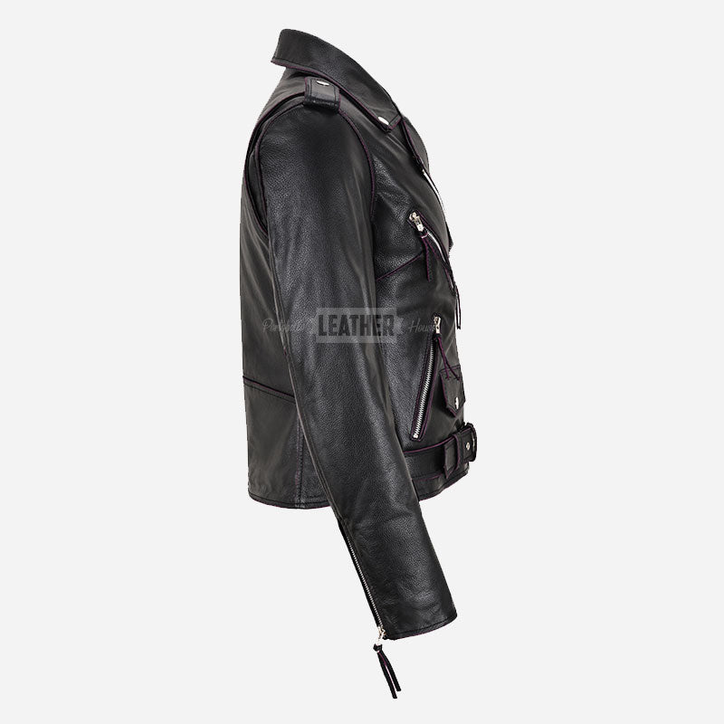 LESSEY Leather Biker Jacket Purple Buffed